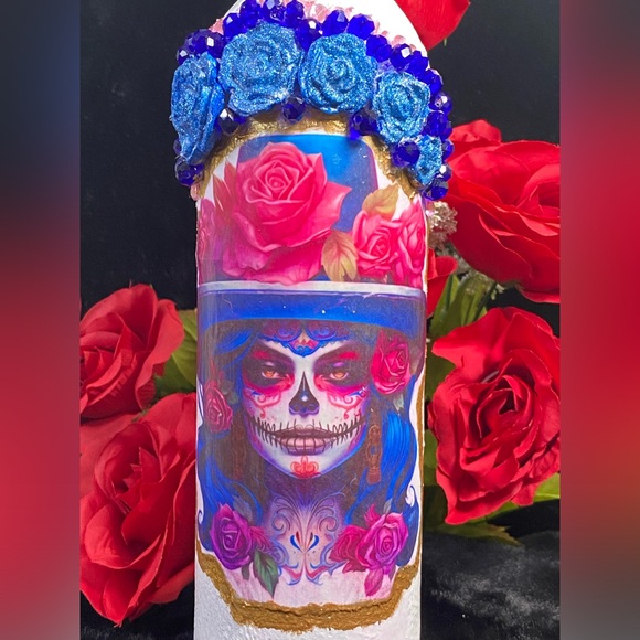 Hand Painted-Decoupaged Sugar Skull-Dia De Los Muertos-Day of the Dead Bottle - Picture 9 of 13